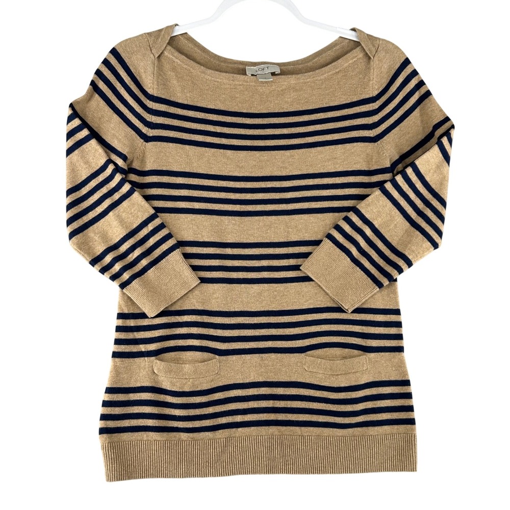 Ann Taylor Loft Sweater 3/4 Sleeve Boat‎ Neck Pockets 100% Cotton Womens Small